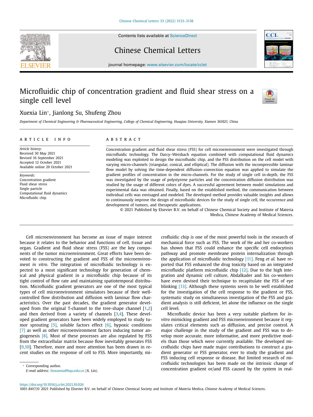 Microfluidic chip of concentration gradient and fluid shear stress on a single cell level by Xuexia Lin & Jianlong Su & Shufeng Zhou
