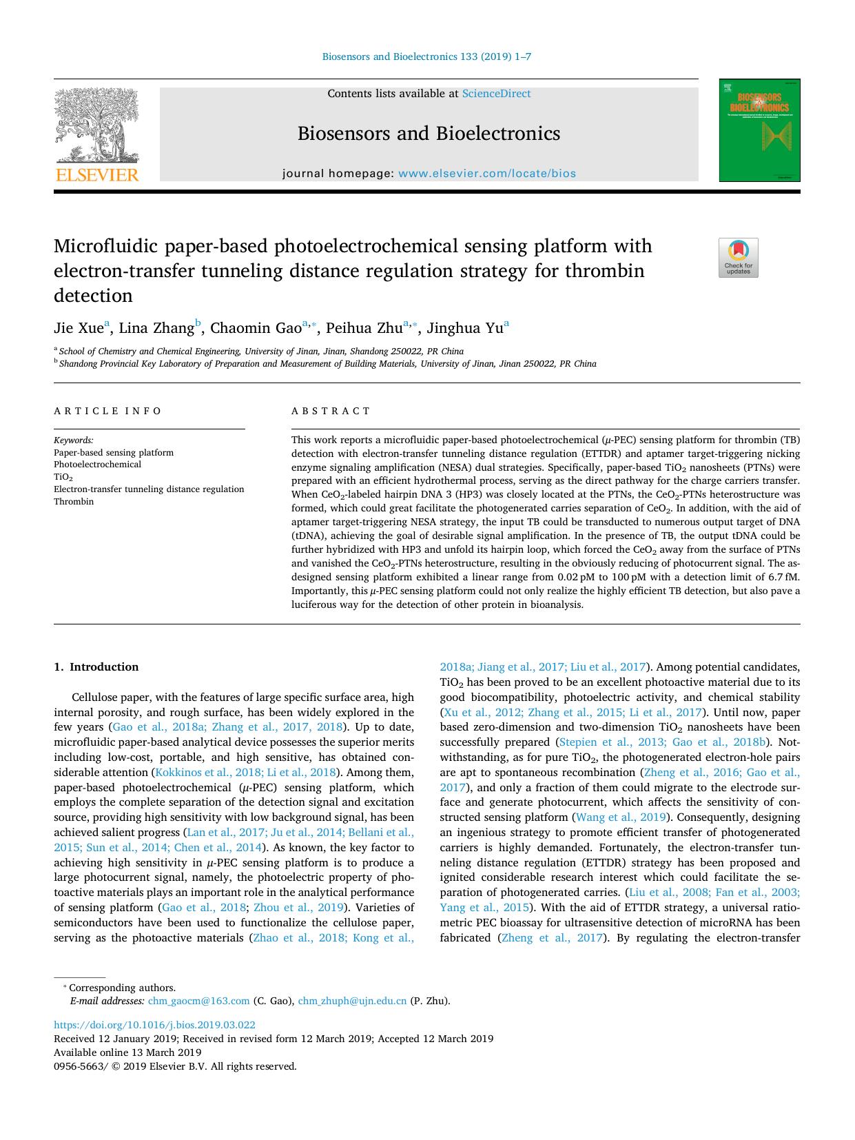 Microfluidic paper-based photoelectrochemical sensing platform with electron-transfer tunneling distance regulation strategy for thrombin detection by Jie Xue & Lina Zhang & Chaomin Gao & Peihua Zhu & Jinghua Yu
