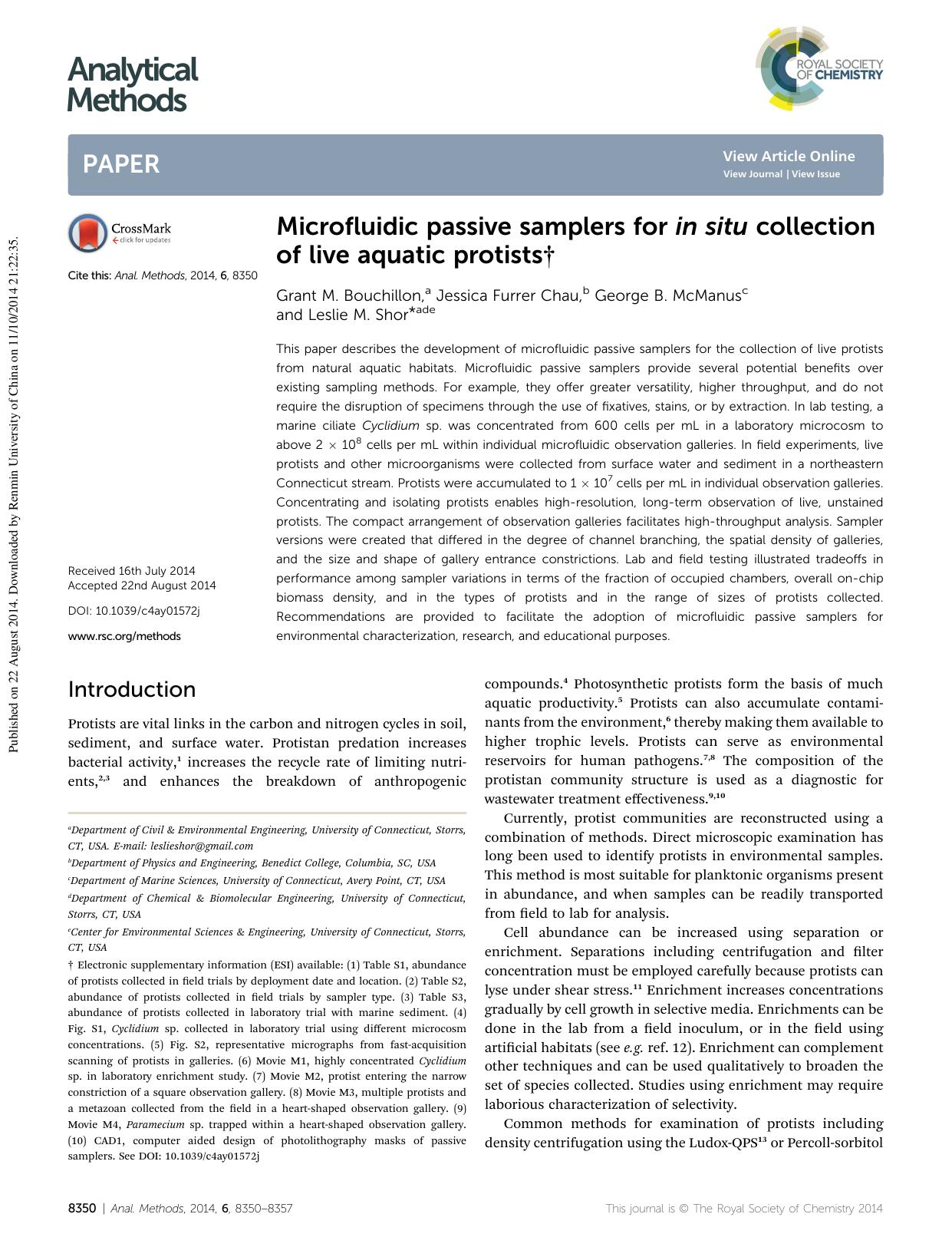Microfluidic passive samplers for in situ collection of live aquatic protists by Grant M. Bouchillon & Jessica Furrer Chau & George B. McManus & Leslie M. Shor