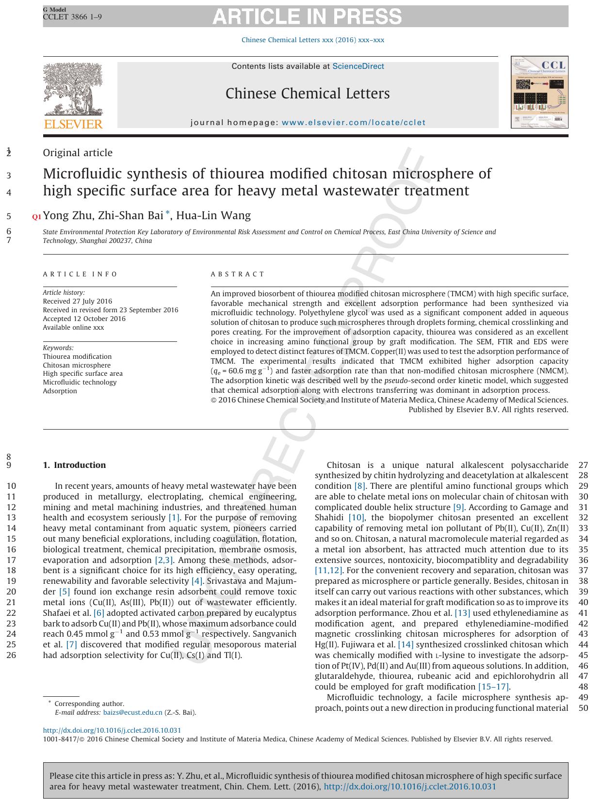 Microfluidic synthesis of thiourea modified chitosan microsphere of high specific surface area for heavy metal wastewater treatment by Yong Zhu & Zhi-Shan Bai & Hua-Lin Wang
