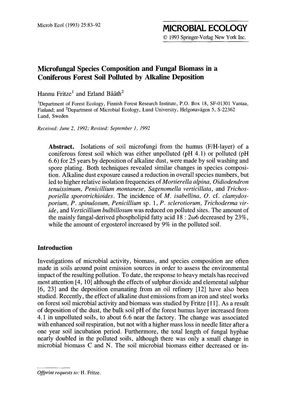 Microfungal species composition and fungal biomass in a coniferous forest soil polluted by alkaline deposition by Unknown