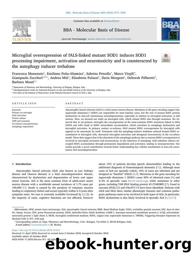 Microglial overexpression of fALS-linked mutant SOD1 induces SOD1 processing impairment, activation and neurotoxicity and is counteracted by the autophagy inducer trehalose by unknow