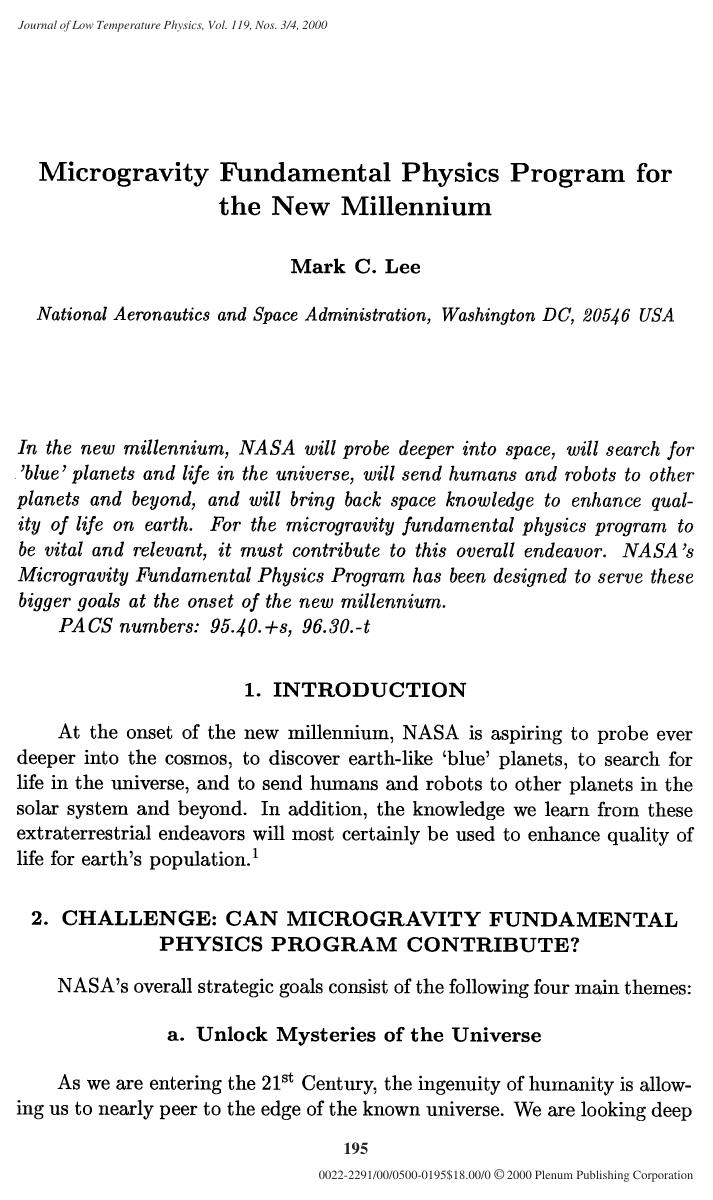 Microgravity Fundamental Physics Program for the New Millennium by Unknown