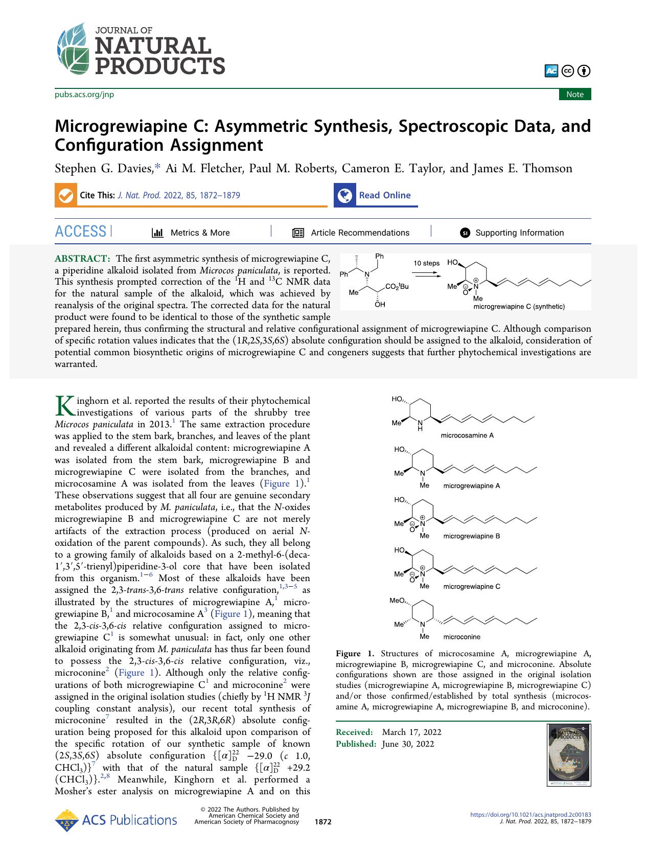 Microgrewiapine C: Asymmetric Synthesis, Spectroscopic Data, and Configuration Assignment by Stephen G. Davies Ai M. Fletcher Paul M. Roberts Cameron E. Taylor and James E. Thomson