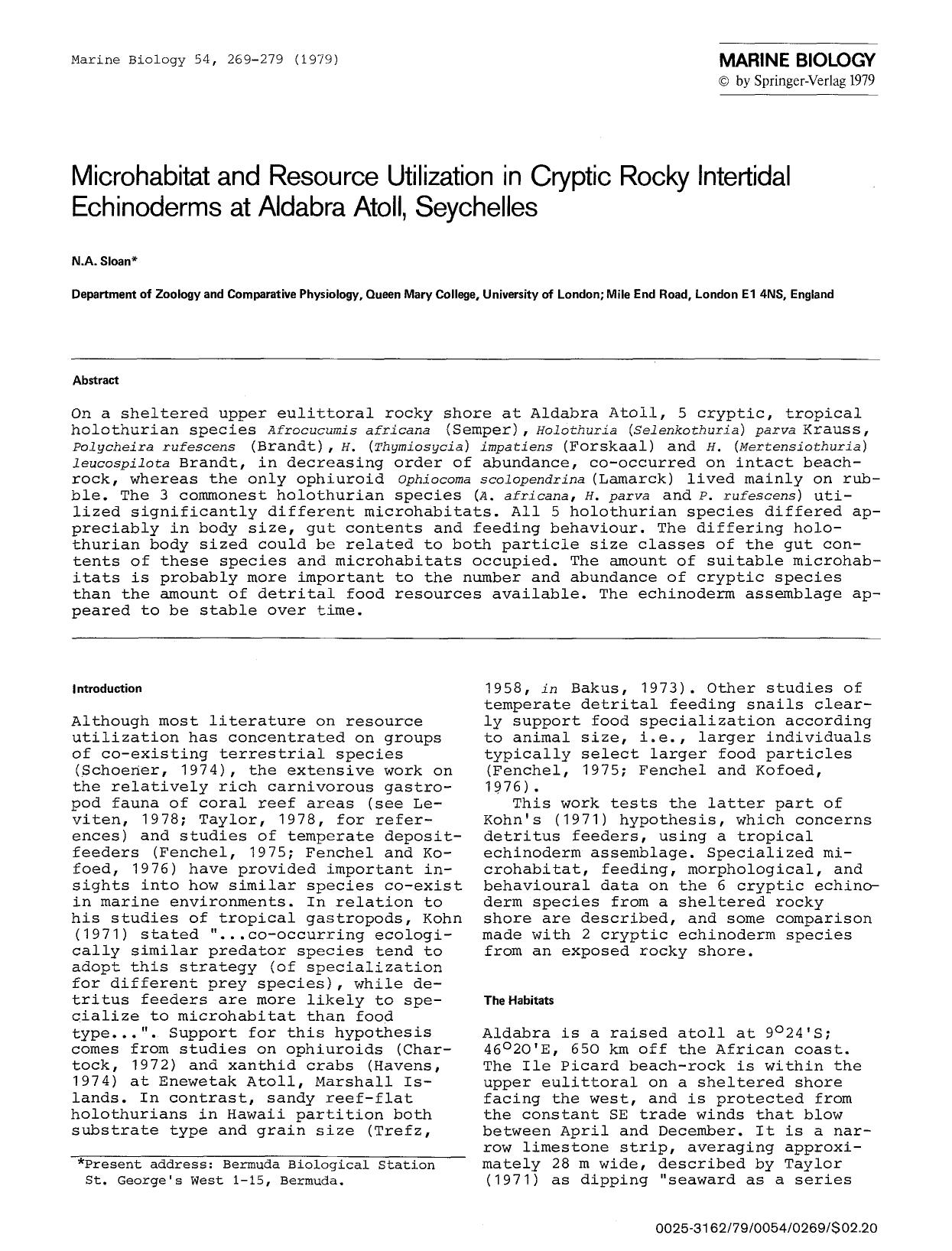 Microhabitat and resource utilization in cryptic rocky intertidal echinoderms at Aldabra Atoll, Seychelles by Unknown