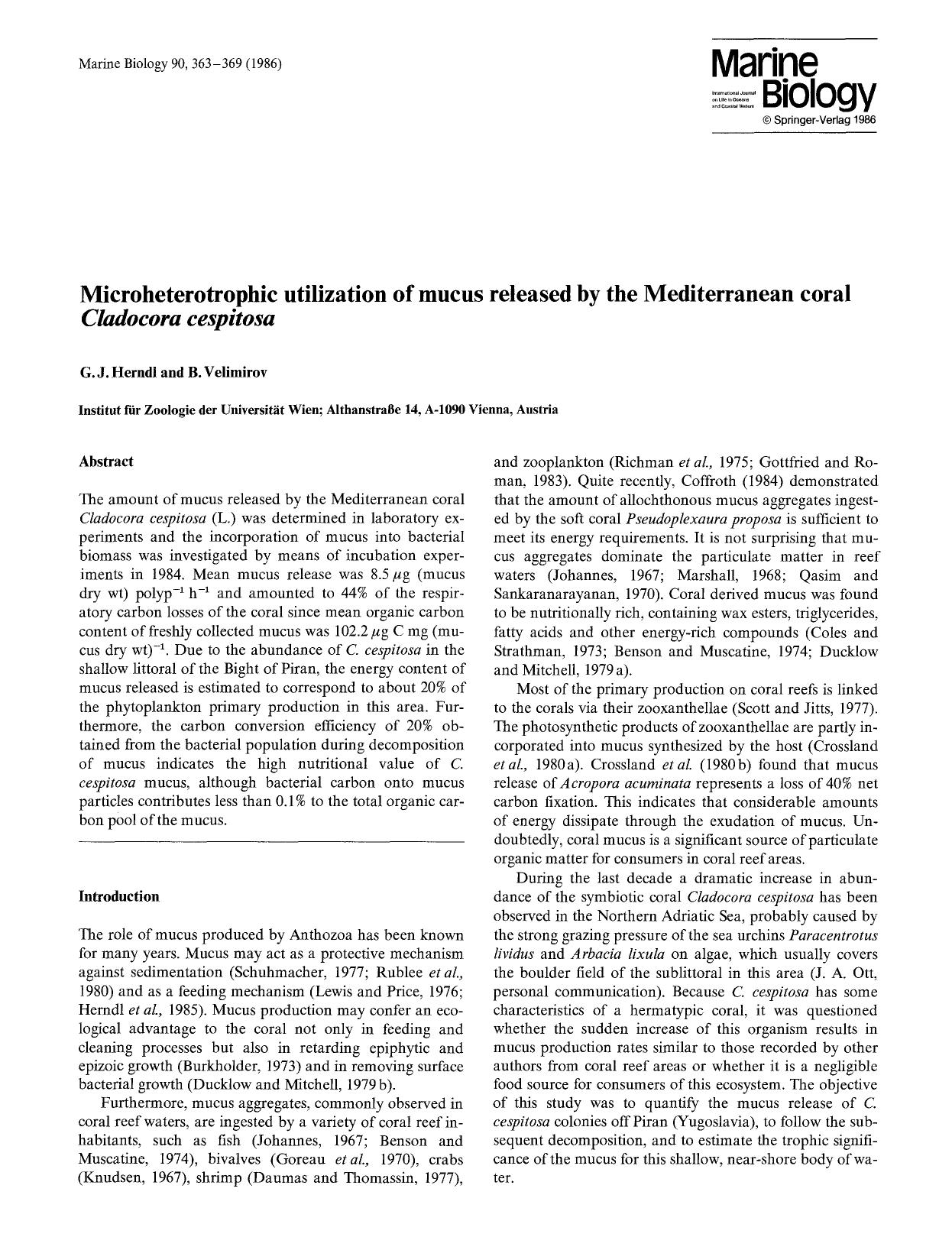 Microheterotrophic utilization of mucus released by the Mediterranean coral <Emphasis Type="Italic">Cladocora cespitosa<Emphasis> by Unknown