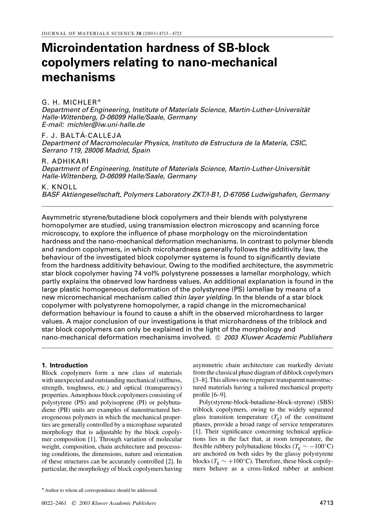 Microindentation hardness of SB-block copolymers relating to nano-mechanical mechanisms by Unknown
