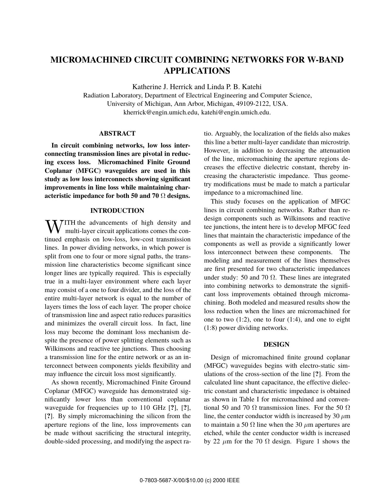 Micromachined Circuit Combining Networks for W-Band Applications by K. J. Herrick & L. P. B. Katehi