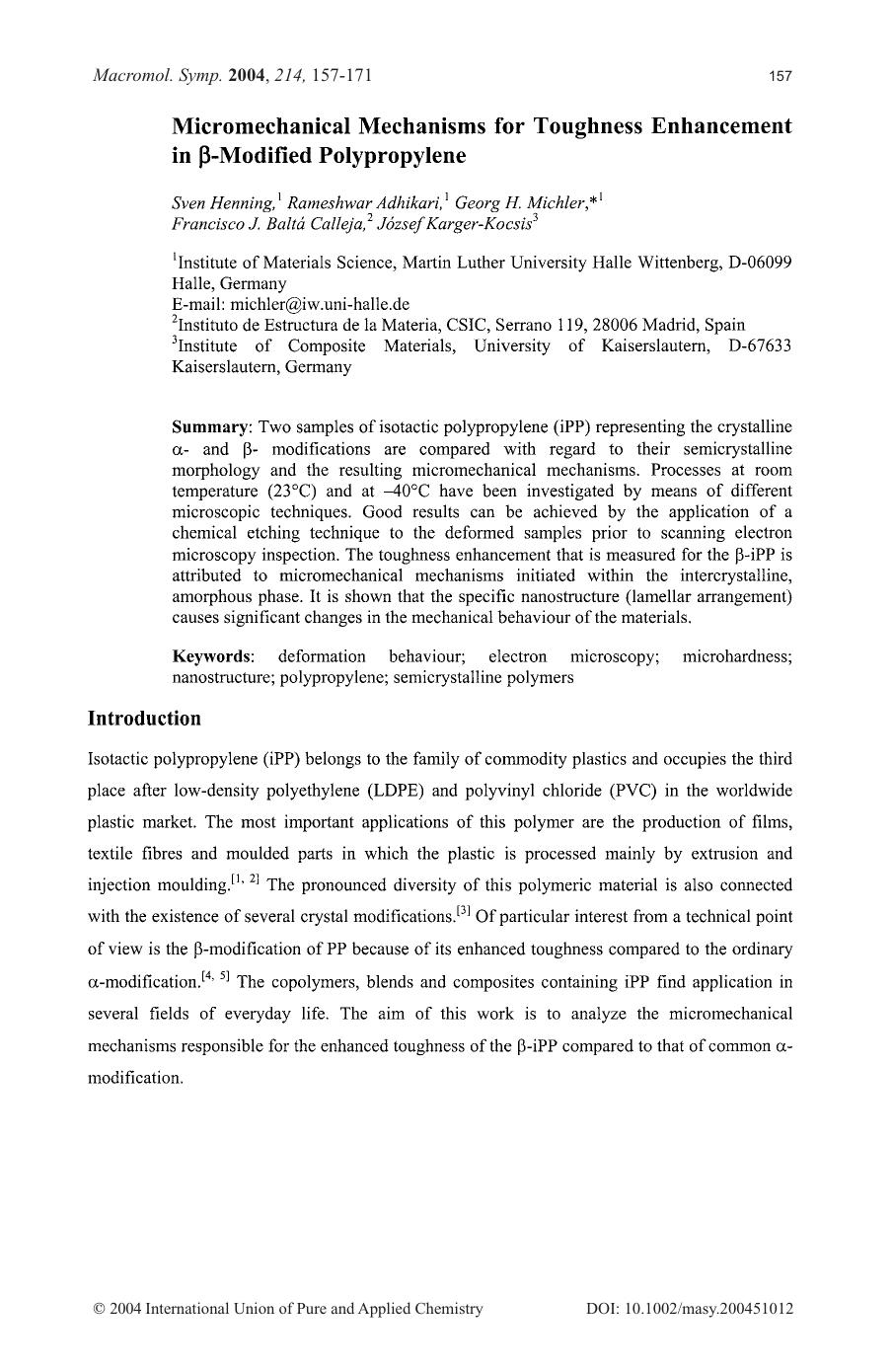 Micromechanical Mechanisms for Toughness Enhancement in [bgr]-Modified Polypropylene by Unknown