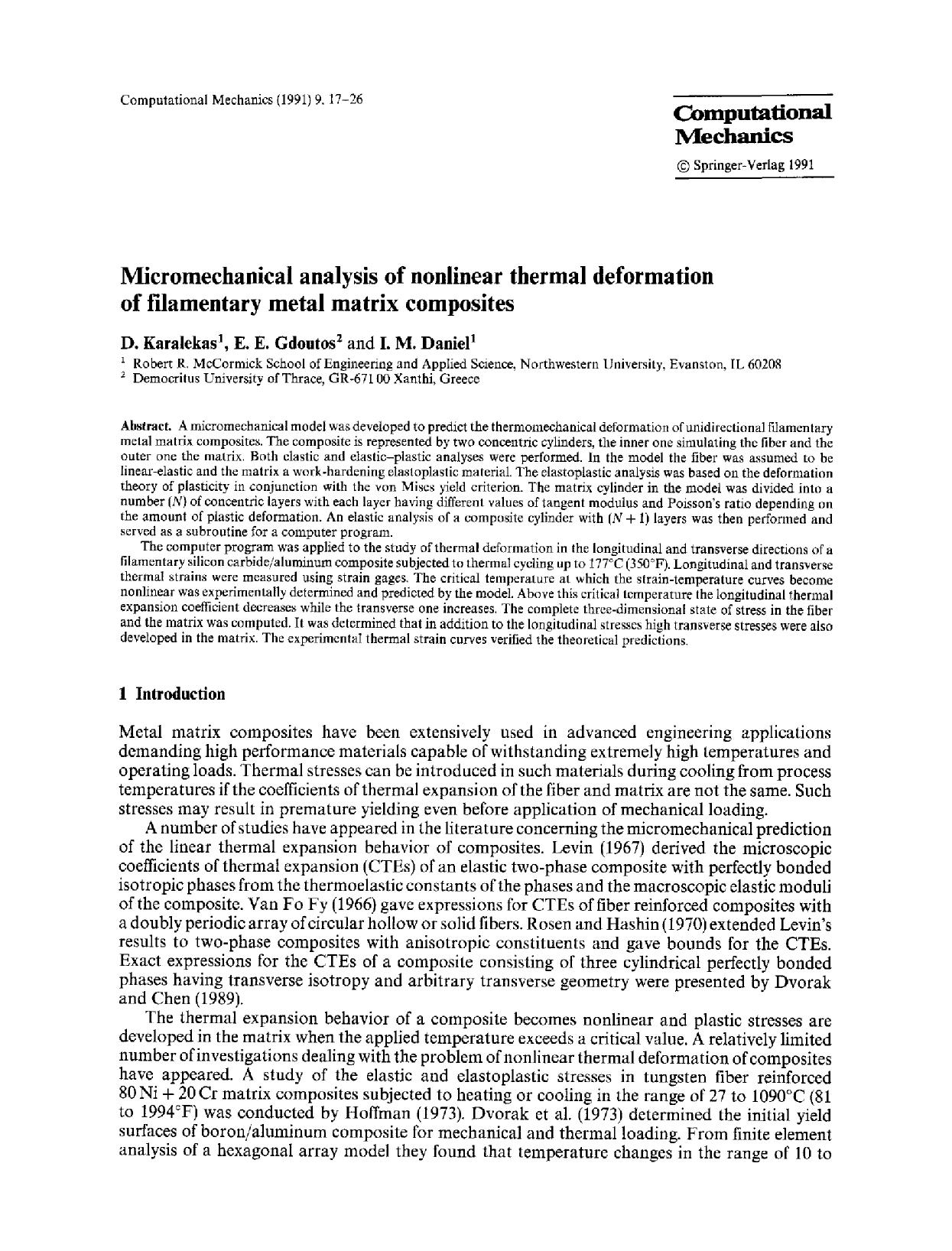 Micromechanical analysis of nonlinear thermal deformation of filamentary metal matrix composites by Unknown