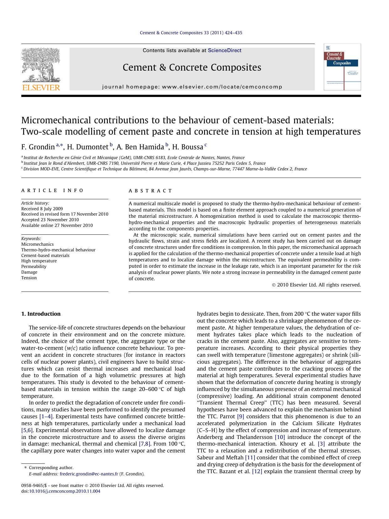 Micromechanical contributions to the behaviour of cement-based materials: Two-scale modelling of cement paste and concrete in tension at high temperatures by F. Grondin & H. Dumontet & A. Ben Hamida & H. Boussa