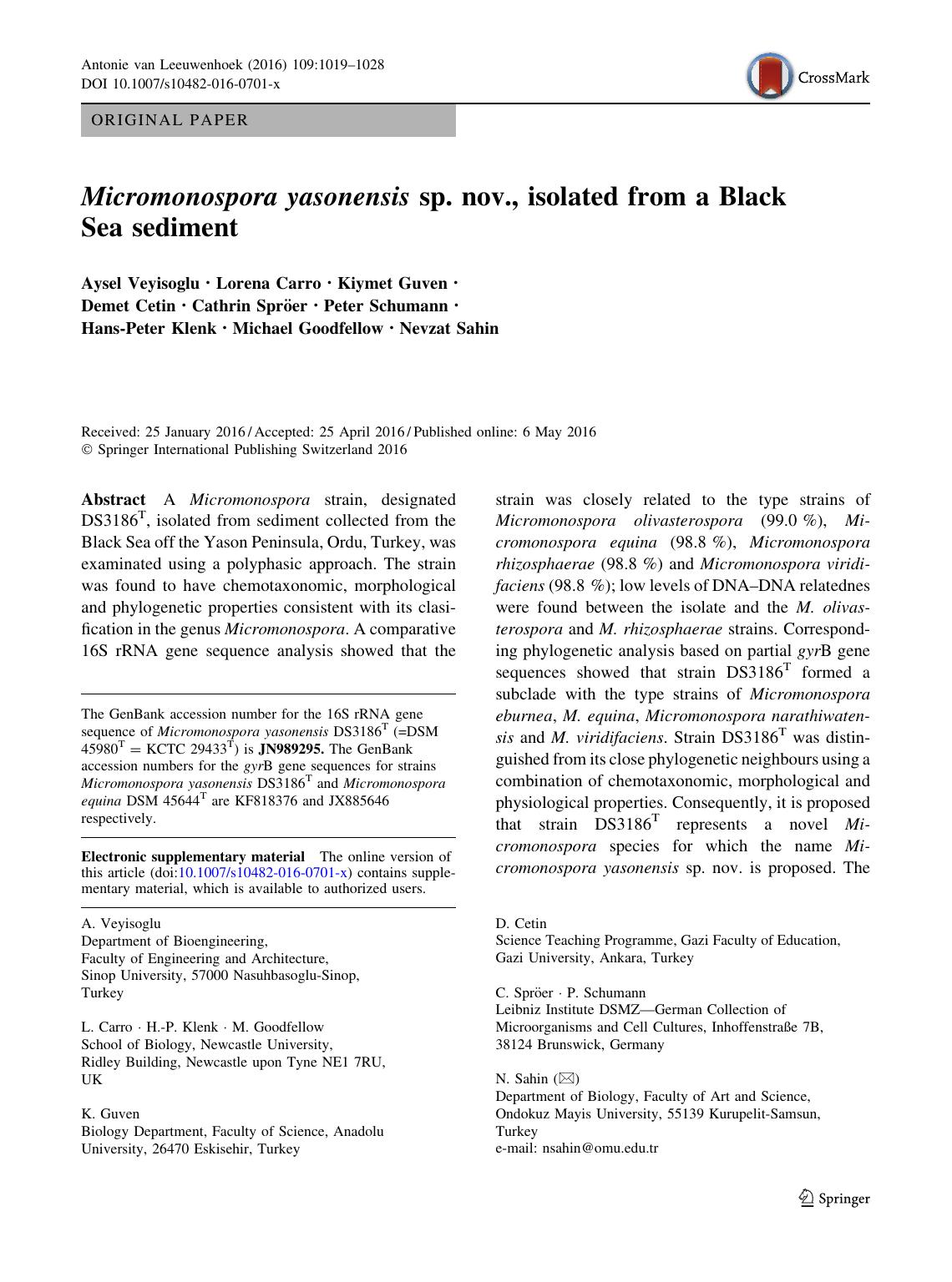 Micromonospora yasonensis sp. nov., isolated from a Black Sea sediment by unknow
