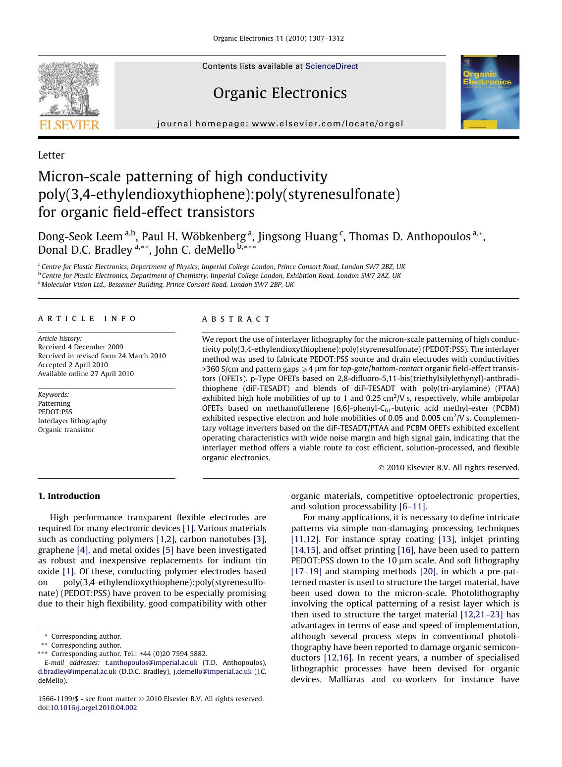 Micron-scale patterning of high conductivity poly(3,4-ethylendioxythiophene):poly(styrenesulfonate) for organic field-effect transistors by unknow