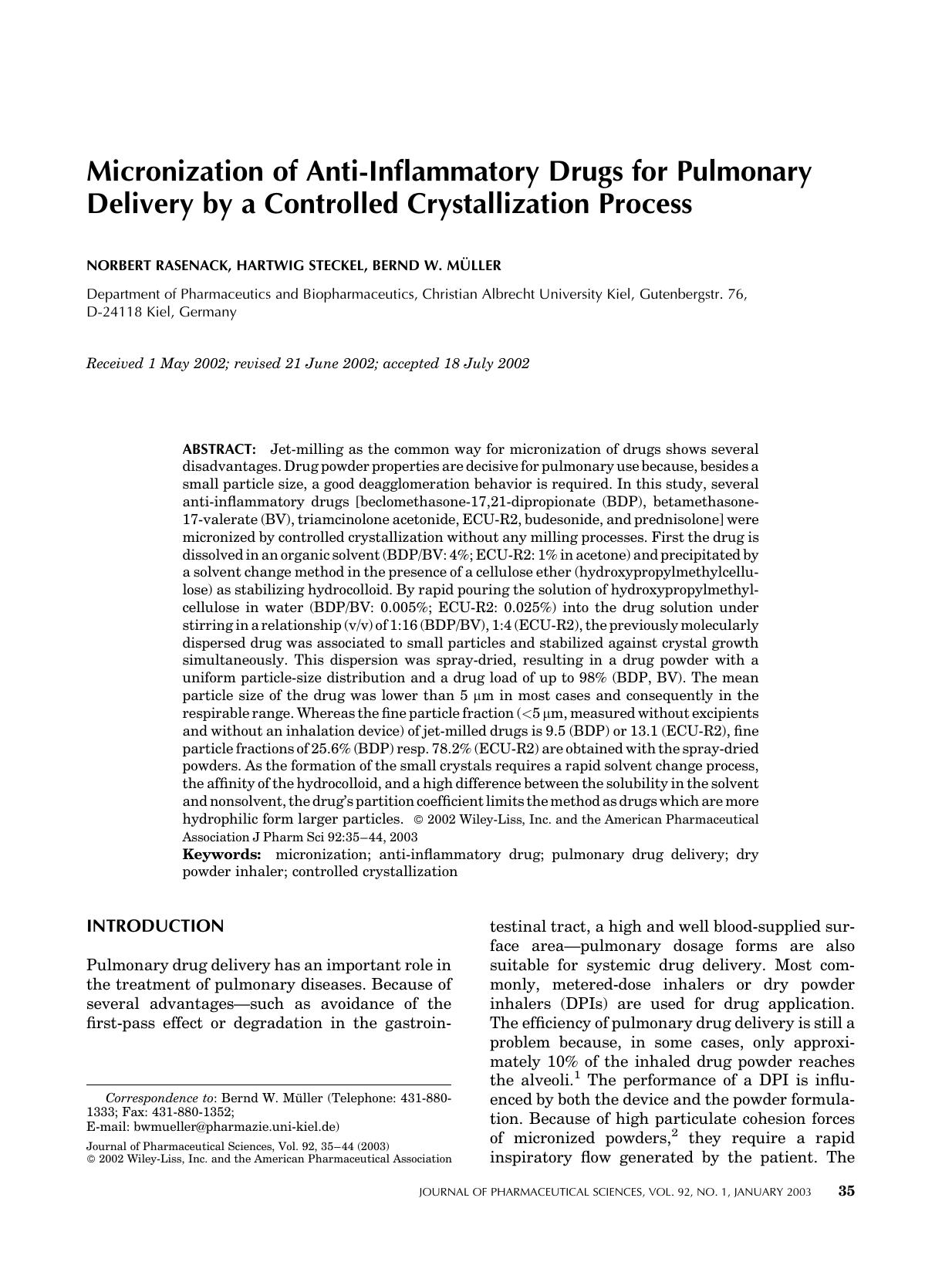 Micronization of anti-inflammatory drugs for pulmonary delivery by a controlled crystallization process by Unknown