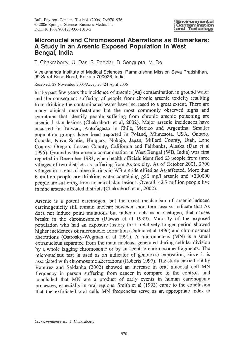 Micronuclei and Chromosomal Aberrations as Biomarkers: A Study in an Arsenic Exposed Population in West Bengal, India by T. Chakraborty et al
