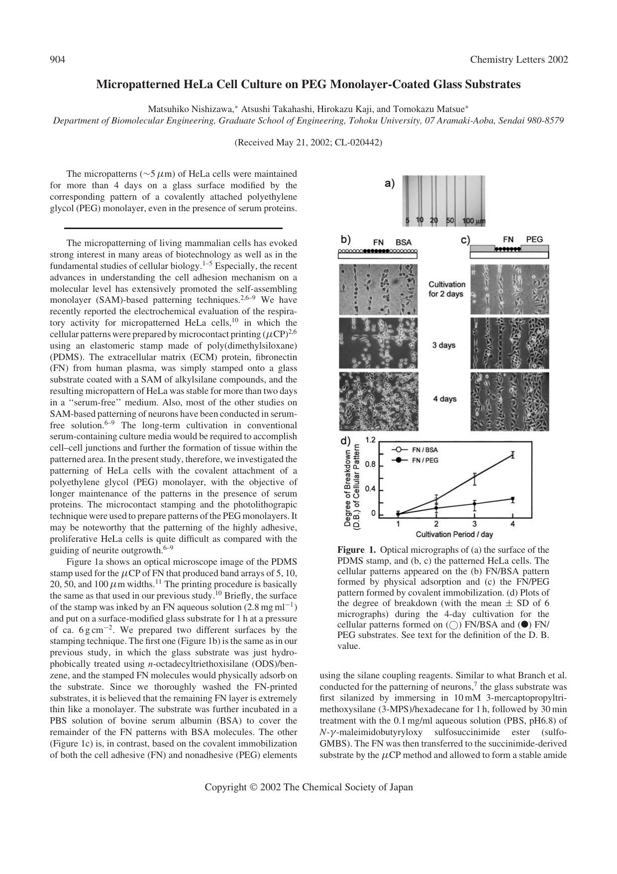 Micropatterned HeLa Cell Culture on PEG Monolayer-Coated Glass Substrates by Matsuhiko Nishizawa Atsushi Takahashi Hirokazu Kaji and Tomokazu Matsue