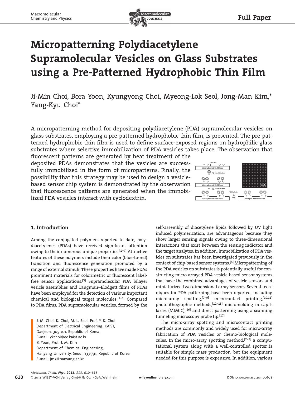Micropatterning Polydiacetylene Supramolecular Vesicles on Glass Substrates using a PrePatterned Hydrophobic Thin Film by vng