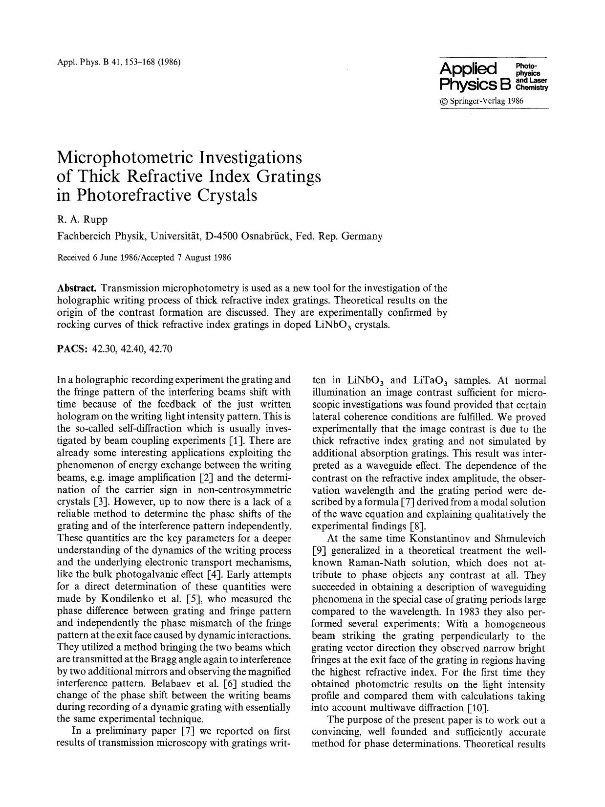 Microphotometric investigations of thick refractive index gratings in photorefractive crystals by Unknown