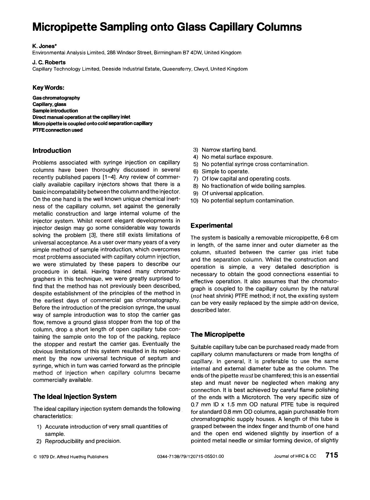 Micropipette sampling onto glass capillary columns by Unknown