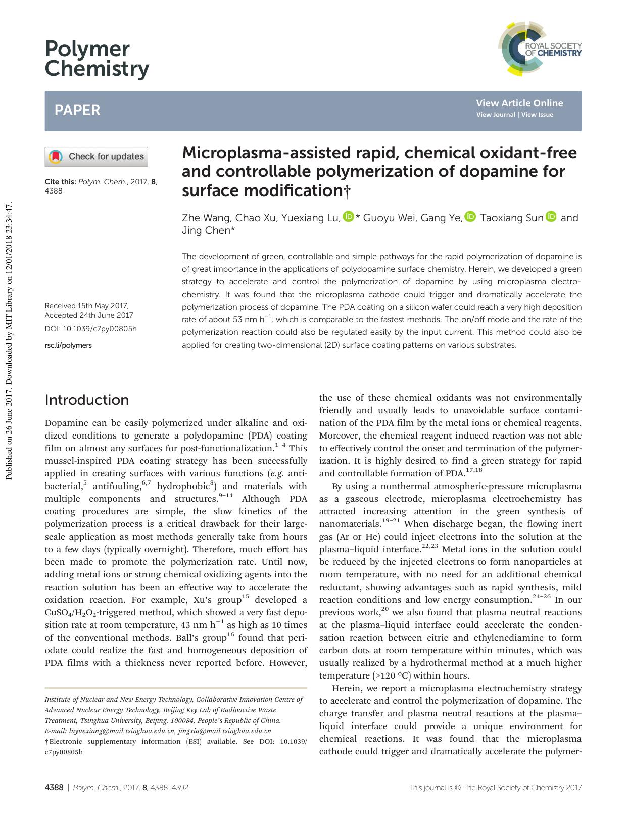 Microplasma-assisted rapid, chemical oxidant-free and controllable polymerization of dopamine for surface modification by Zhe Wang Chao Xu Yuexiang Lu Guoyu Wei Gang Ye Taoxiang Sun Jing Chen