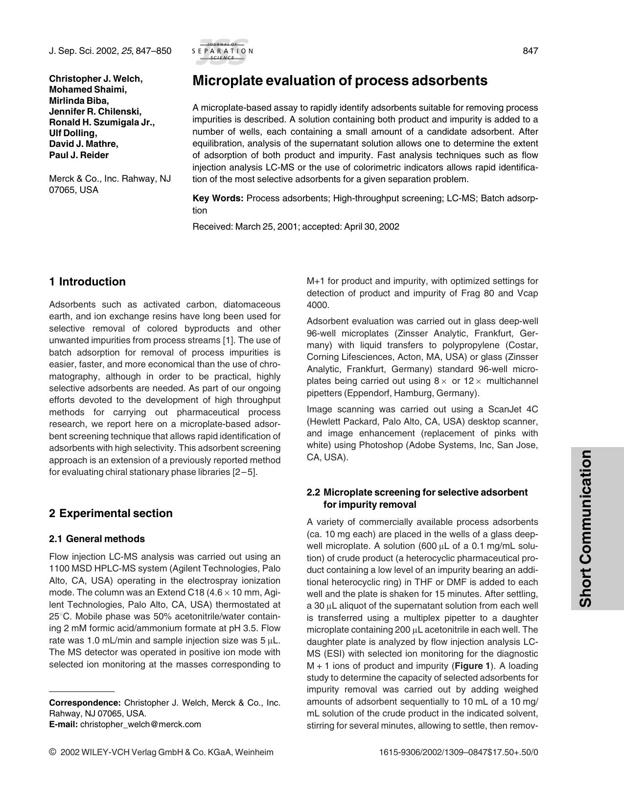Microplate evaluation of process adsorbents by Unknown