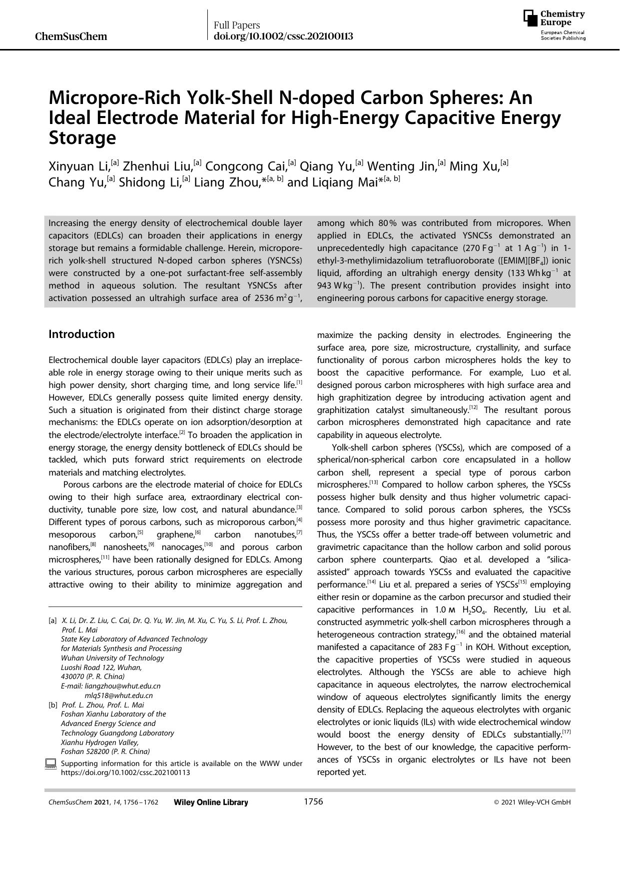 MicroporeâRich YolkâShell Nâdoped Carbon Spheres: An Ideal Electrode Material for HighâEnergy Capacitive Energy Storage by Unknown