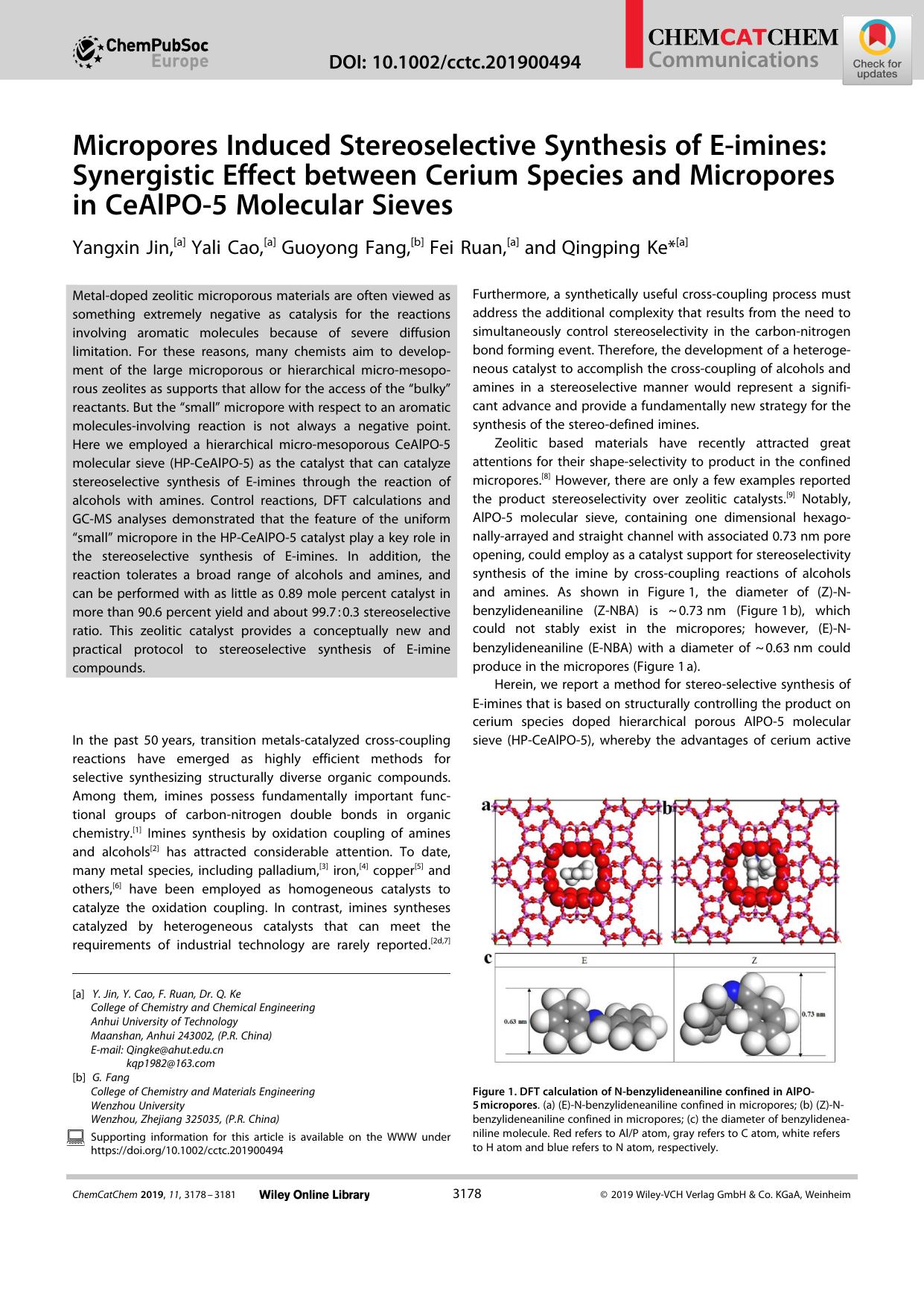Micropores Induced Stereoselective Synthesis of Eâimines: Synergistic Effect between Cerium Species and Micropores in CeAlPOâ5 Molecular Sieves by Unknown