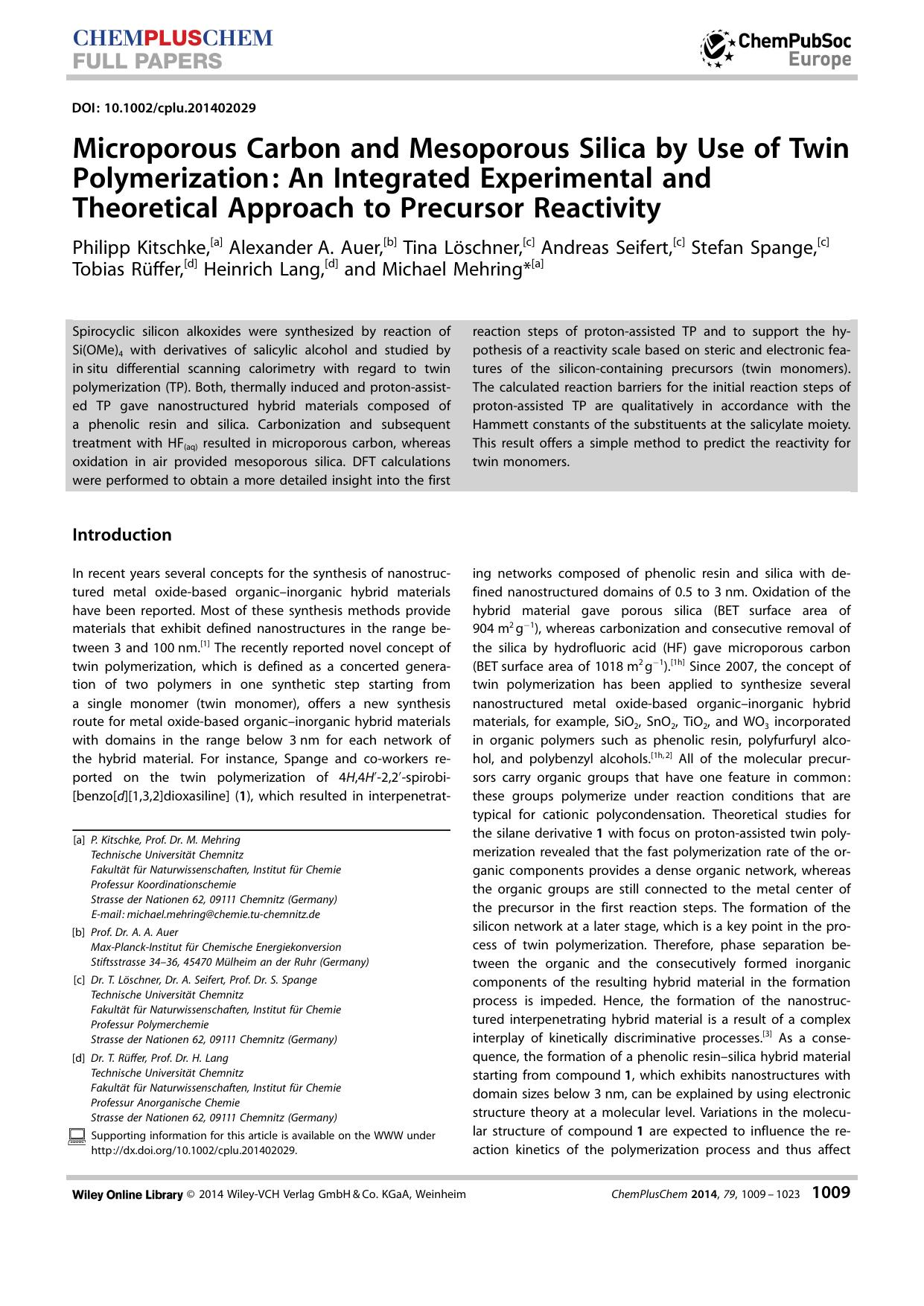 Microporous Carbon and Mesoporous Silica by Use of Twin Polymerization: An Integrated Experimental and Theoretical Approach to Precursor Reactivity by Unknown