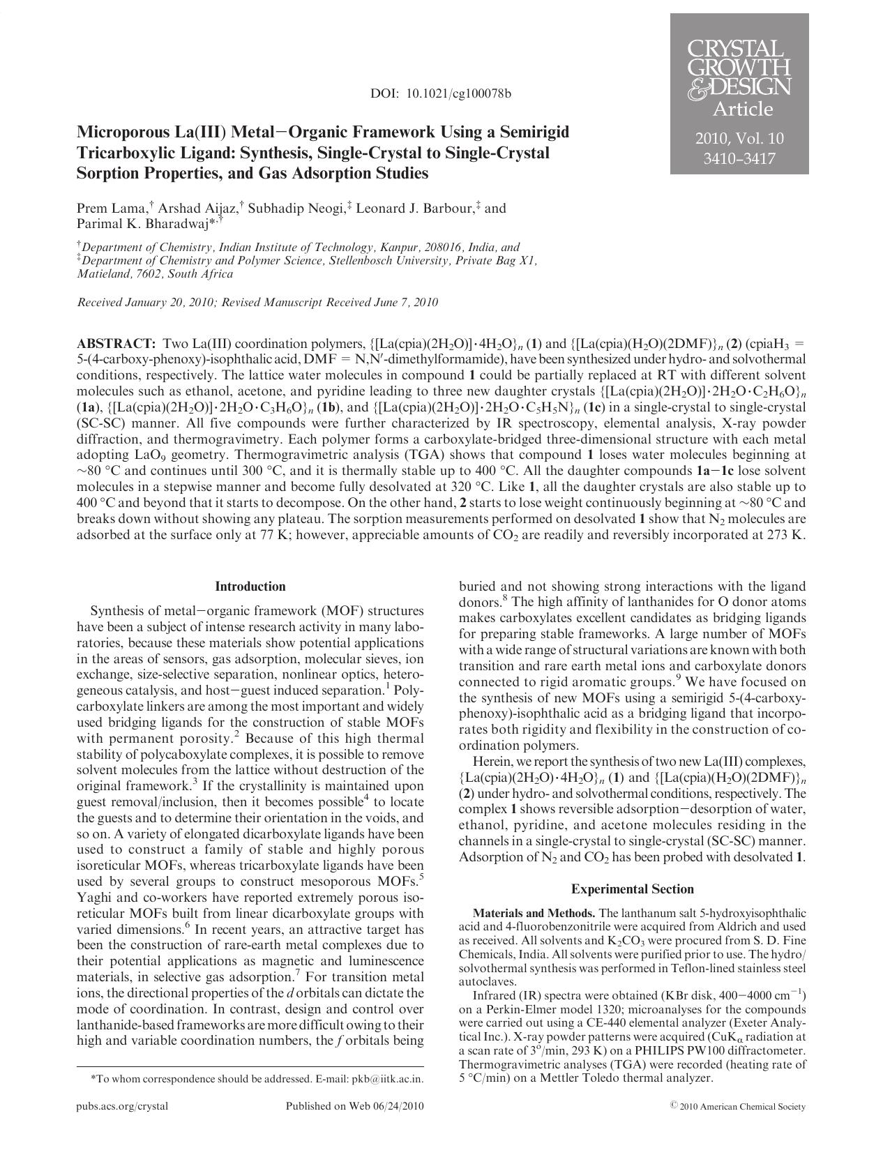 Microporous La(III) MetalOrganic Framework Using a Semirigid Tricarboxylic Ligand: Synthesis, Single-Crystal to Single-Crystal Sorption Properties, and Gas Adsorption Studies by Unknown