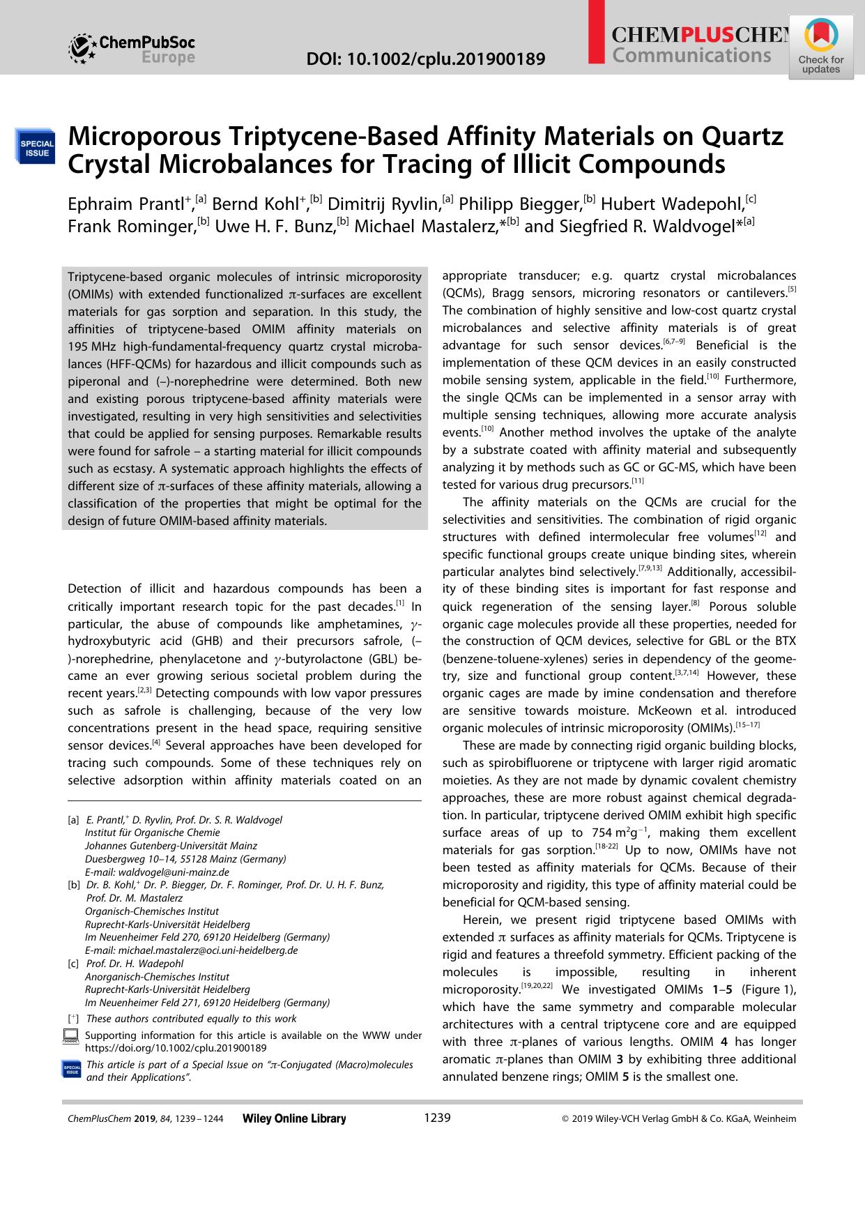 Microporous TriptyceneâBased Affinity Materials on Quartz Crystal Microbalances for Tracing of Illicit Compounds by Unknown