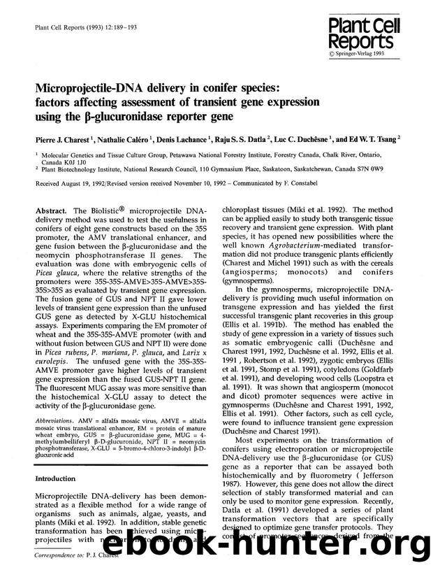 Microprojectile-DNA delivery in conifer species: factors affecting assessment of transient gene expression using the β-glucuronidase reporter gene by Unknown