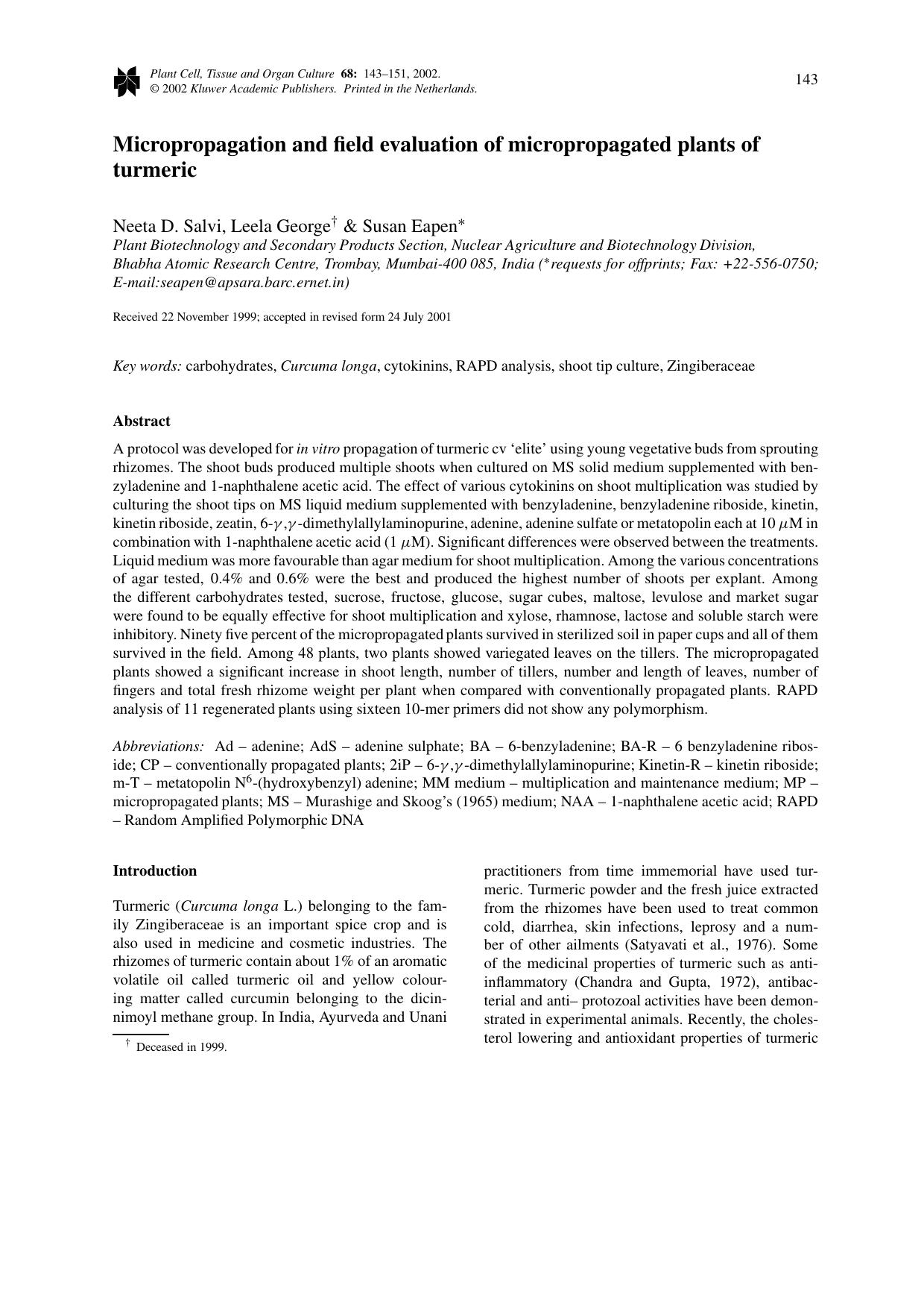 Micropropagation and field evaluation of micropropagated plants of turmeric by Unknown