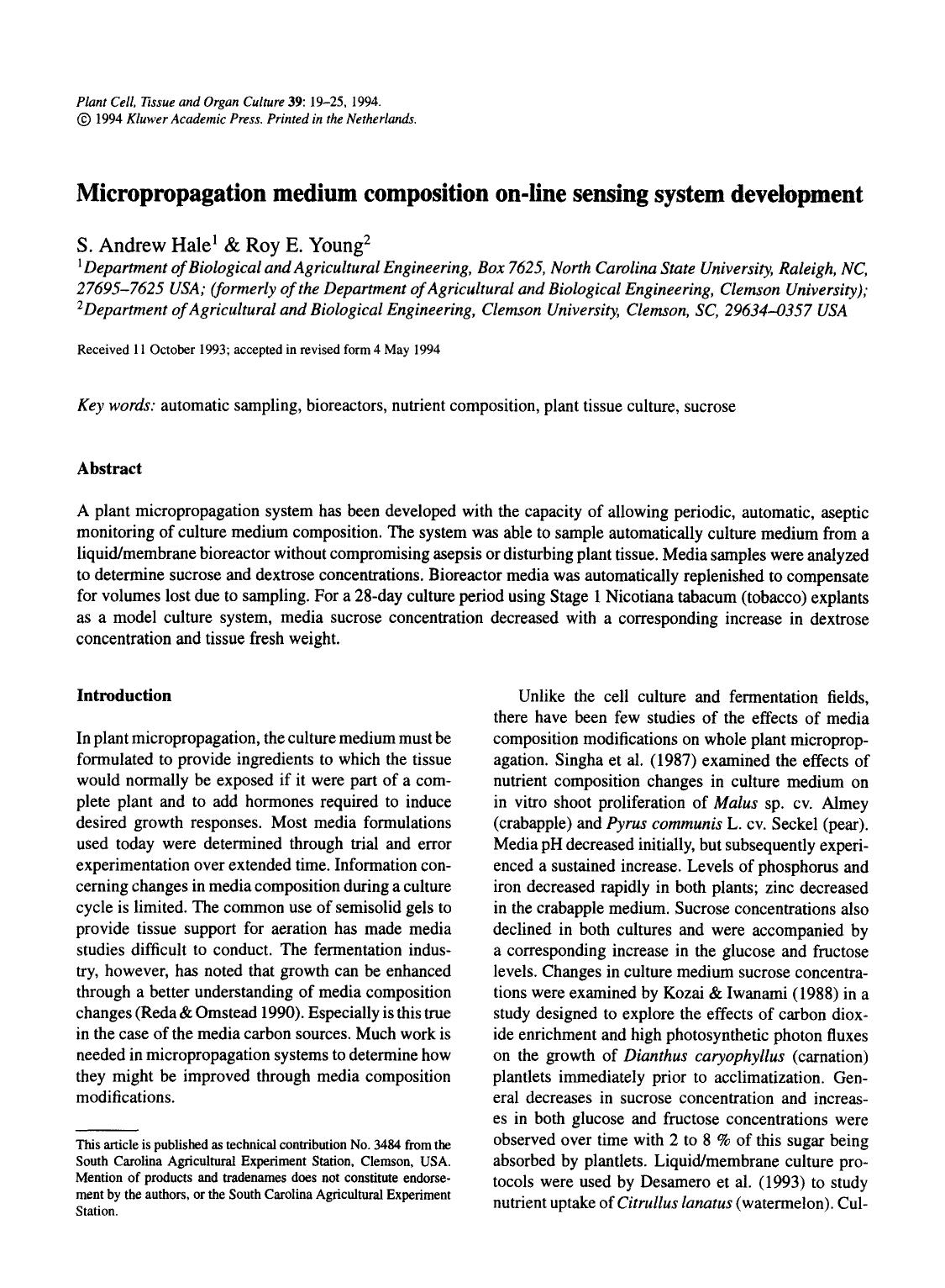 Micropropagation medium composition on-line sensing system development by Unknown