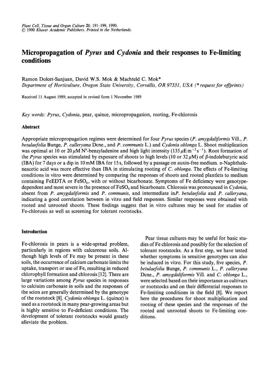 Micropropagation of <Emphasis Type="Italic">Pyrus <Emphasis> and <Emphasis Type="Italic">Cydonia <Emphasis> and their responses to Fe-limiting conditions by Unknown