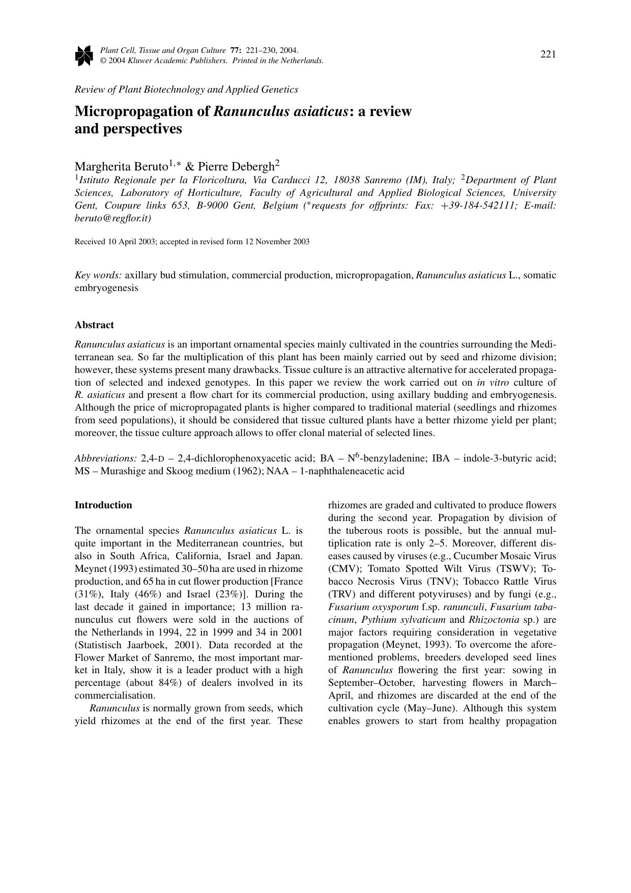 Micropropagation of <Emphasis Type="Italic">Ranunculus Asiaticus<Emphasis>: A Review and Perspectives by Unknown