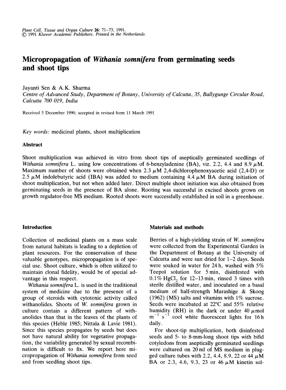Micropropagation of <Emphasis Type="Italic">Withania somnifera <Emphasis> from germinating seeds and shoot tips by Unknown