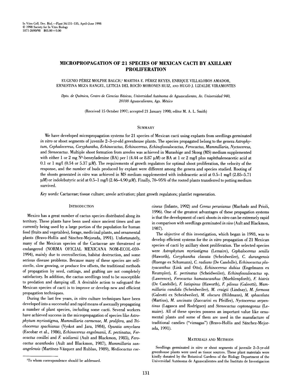 Micropropagation of 21 species of Mexican cacti by axillary proliferation by Unknown