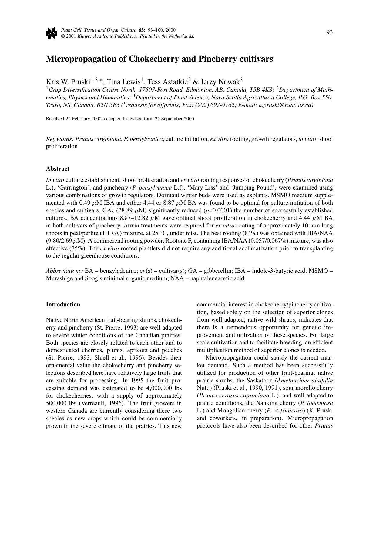 Micropropagation of Chokecherry and Pincherry cultivars by Unknown