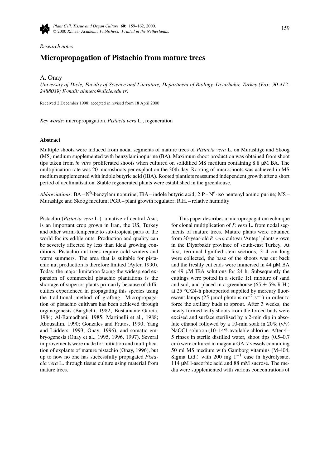 Micropropagation of Pistachio from mature trees by Unknown