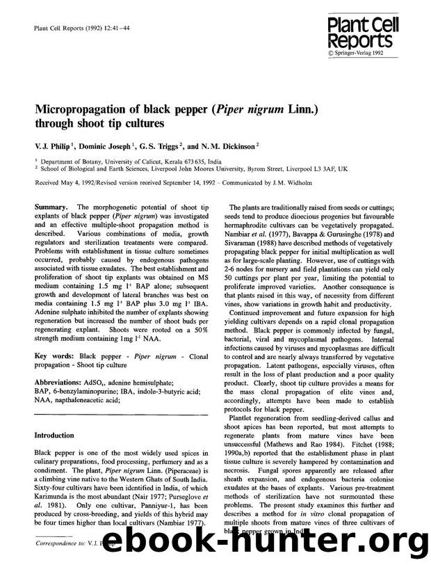 Micropropagation of black pepper (<Emphasis Type="Italic">Piper nigrum<Emphasis> Linn.) through shoot tip cultures by Unknown