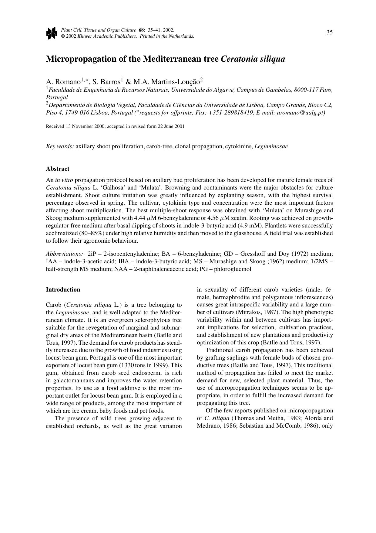 Micropropagation of the Mediterranean tree Ceratonia siliqua by Unknown