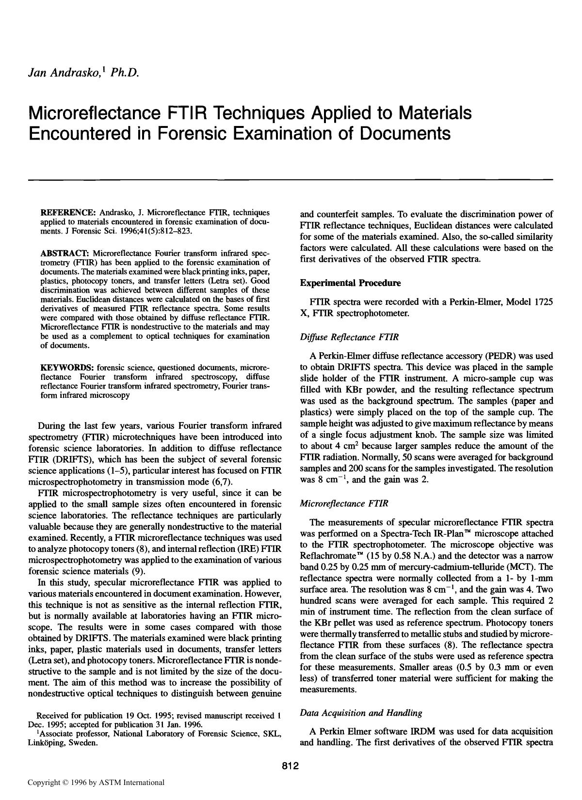 Microreflectance FTIR, techniques applied to materials encountered in forensic examination of documents by Andrasko J
