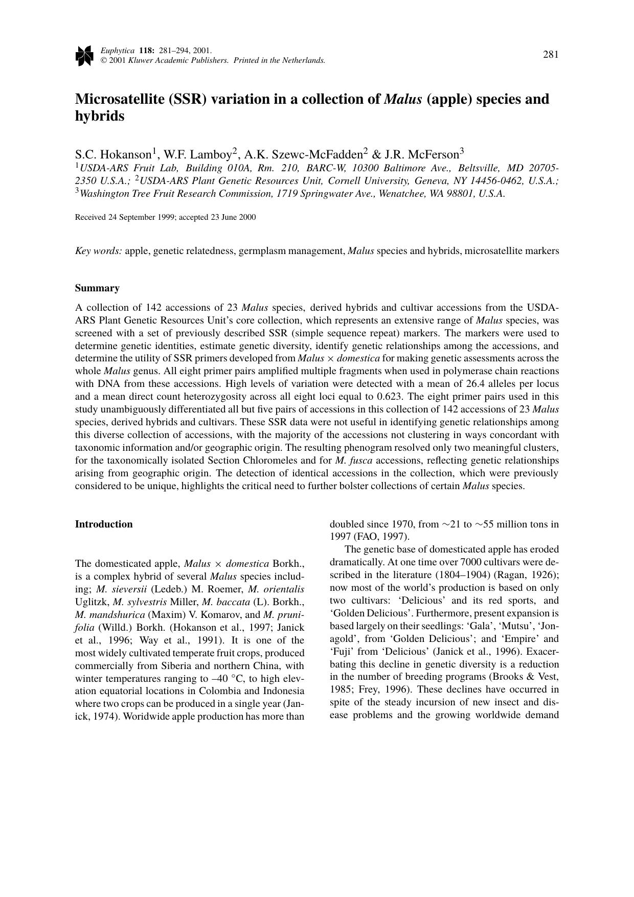 Microsatellite (SSR) variation in a collection of <Emphasis Type="BoldItalic">Malus<Emphasis> (apple) species and hybrids by Unknown