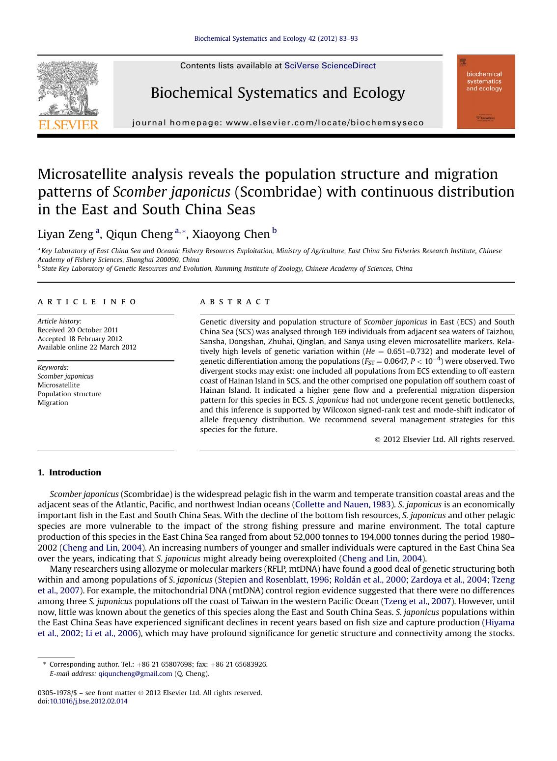 Microsatellite analysis reveals the population structure and migration patterns of Scomber japonicus (Scombridae) with continuous distribution in the East and South China Seas by Liyan Zeng & Qiqun Cheng & Xiaoyong Chen