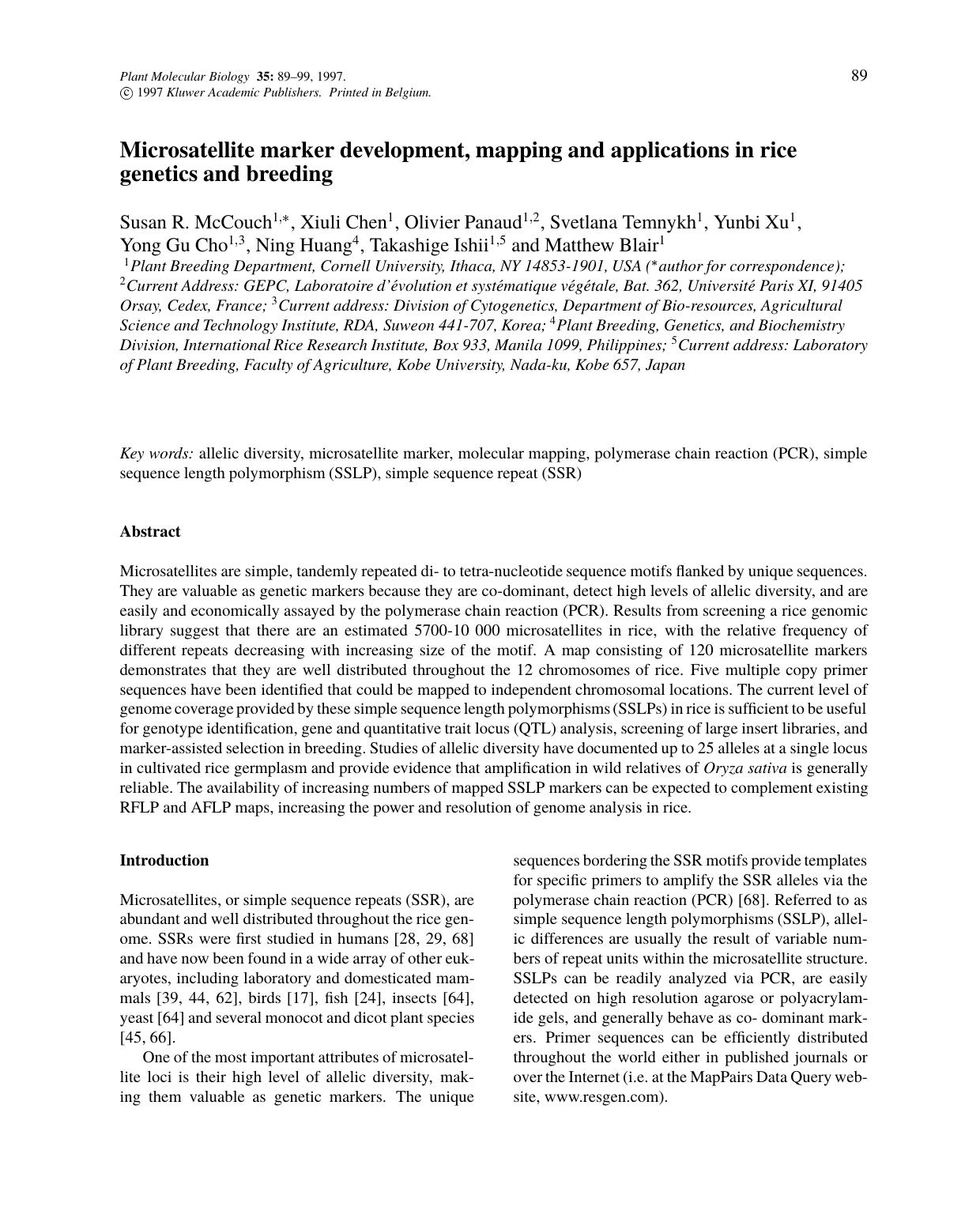 Microsatellite marker development, mapping and applications in rice genetics and breeding by Unknown