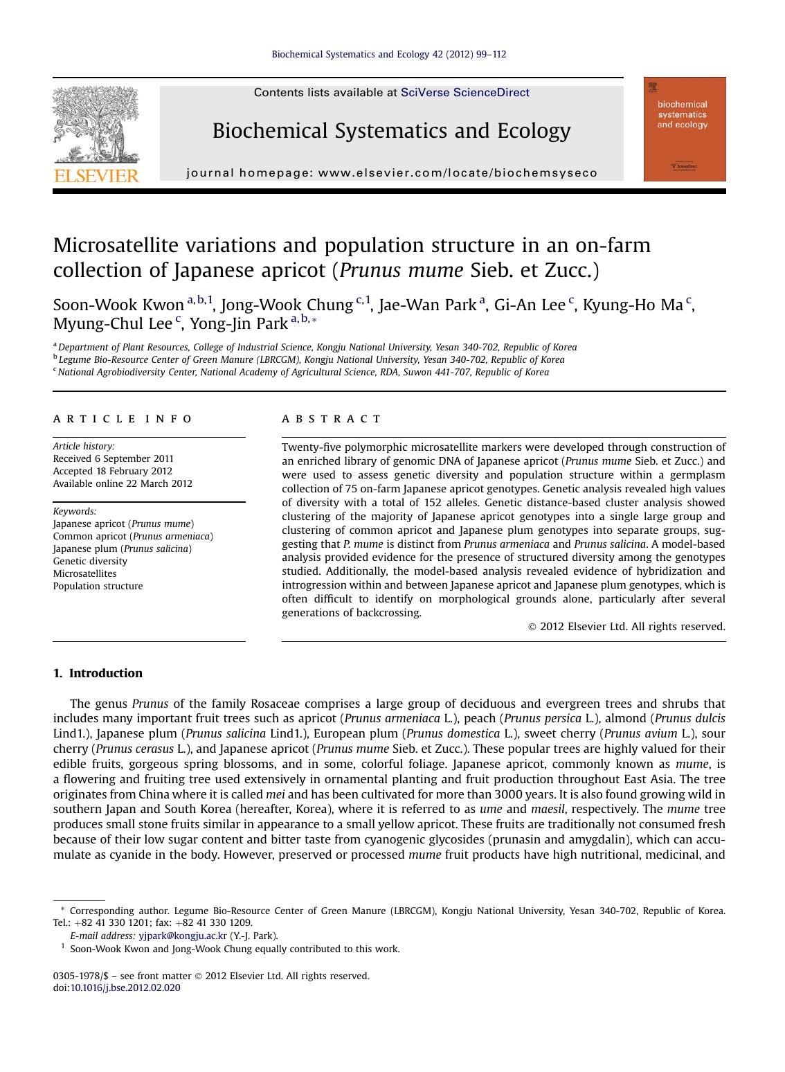 Microsatellite variations and population structure in an on-farm collection of Japanese apricot (Prunus mume Sieb. et Zucc.) by unknow