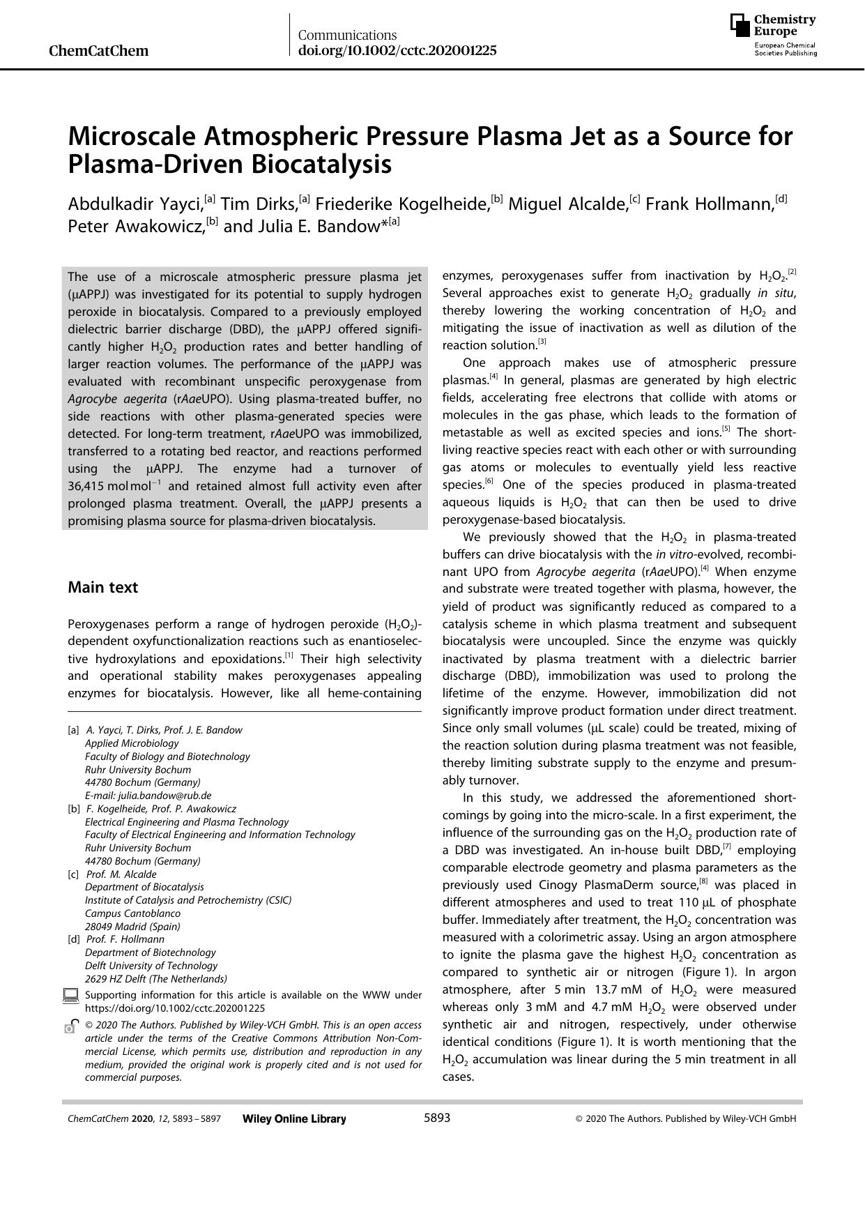 Microscale Atmospheric Pressure Plasma Jet as a Source for PlasmaâDriven Biocatalysis by Unknown
