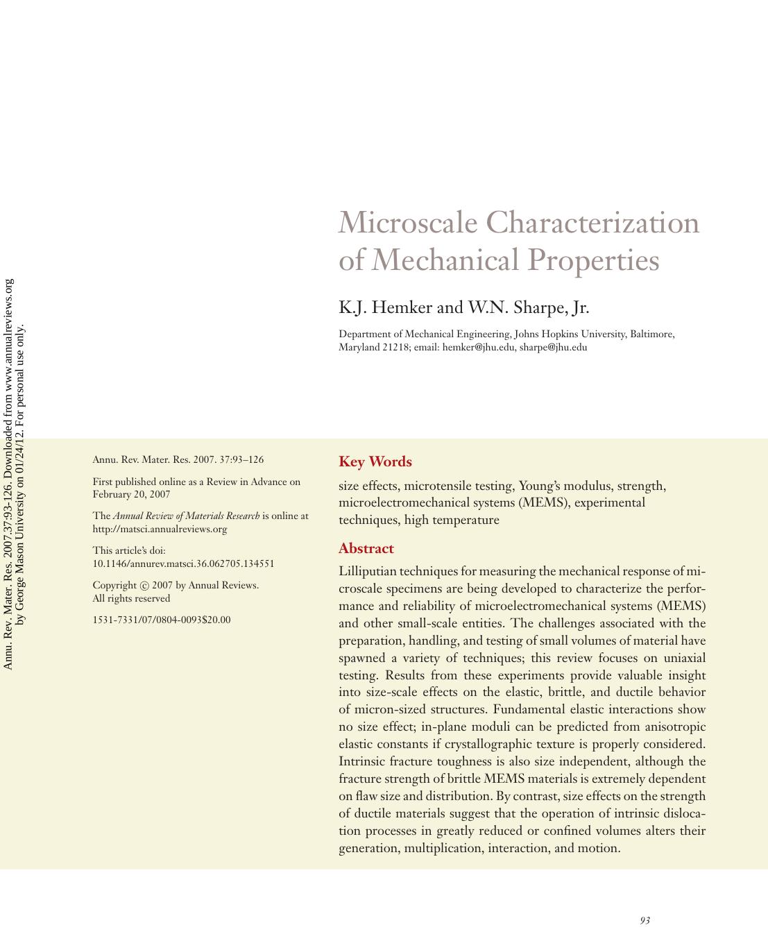Microscale Characterization of Mechanical Properties by K.J. Hemker & W.N. Sharpe Jr