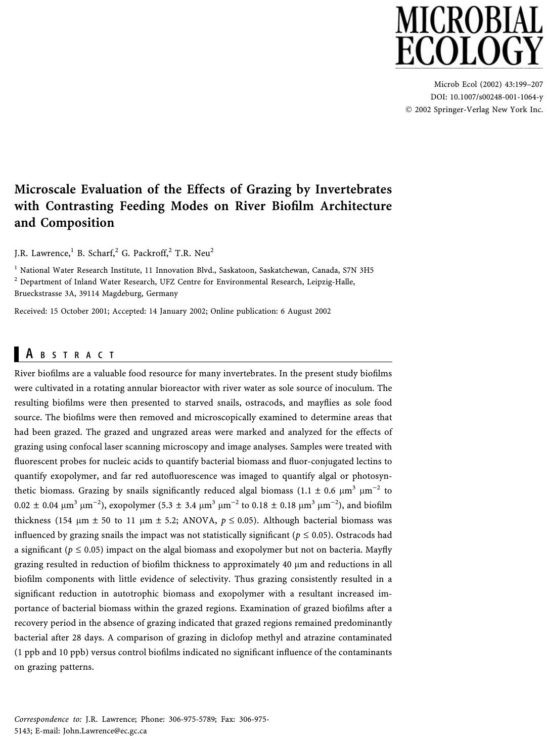 Microscale Evaluation of the Effects of Grazing by Invertebrates with Contrasting Feeding Modes on River Biofilm Architecture and Composition by Lawrence J.R. et al