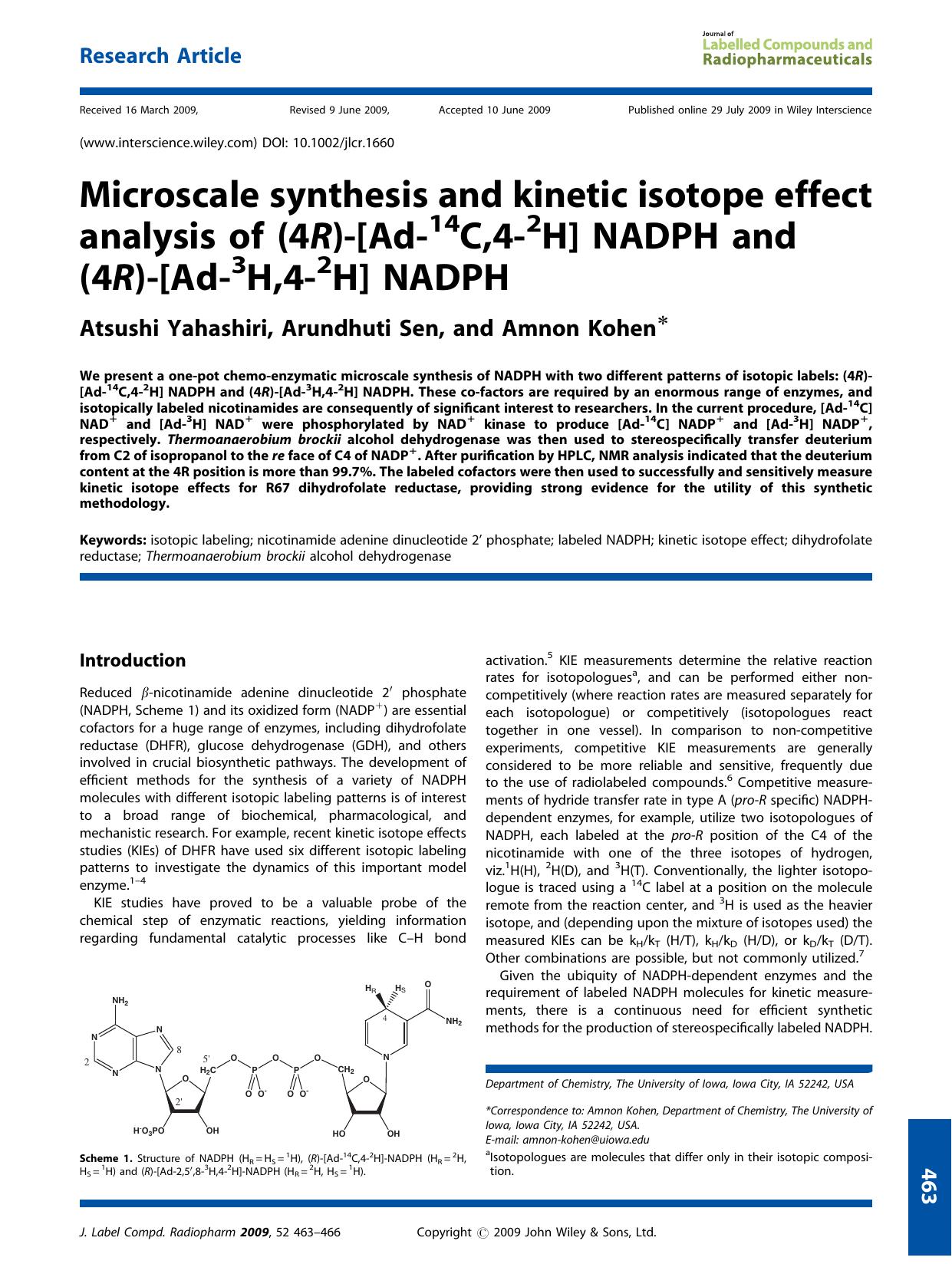 Microscale synthesis and kinetic isotope effect analysis of (4R)-[Ad-14C,4-2H] NADPH and (4R)-[Ad-3H,4-2H] NADPH by Unknown